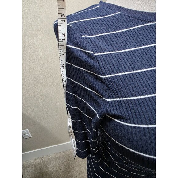 Navy & White Striped Fitted Ribbed Knit Dress With 3/4 Sleeves & Round Neckline - Picture 3 of 8